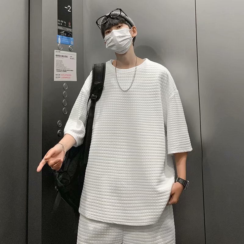 Mens Waffle Grid Sportswear Set Cool Tee Outfit White top  - Image 1