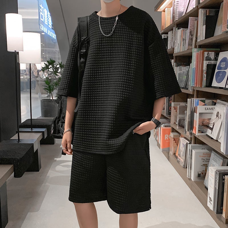 Mens Waffle Grid Sportswear Set Cool Tee Outfit White top  - Image 2