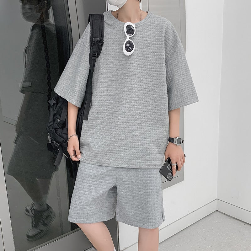 Mens Waffle Grid Sportswear Set Cool Tee Outfit White top  - Image 3