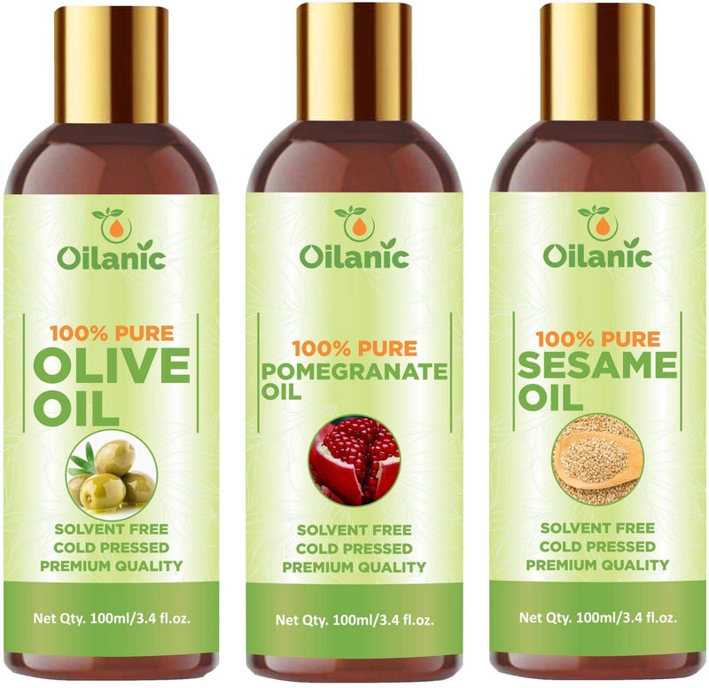 Oilanic?100% Pure & Natural Olive Oil, Pomegranate Oil & Sesame Oil Combo pack of 3 bottles of 100 ml(300 ml) - Image 1