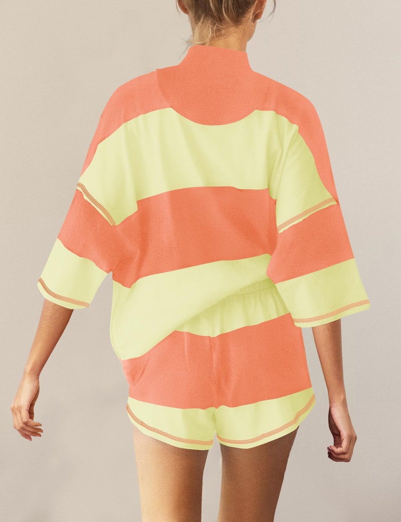 Panadila Women Striped Workout Set Two Piece Outfit Tracksuit Oversized Lounge Set Top and Shorts Sets with Pockets(Orange Yellow,M) - Image 3
