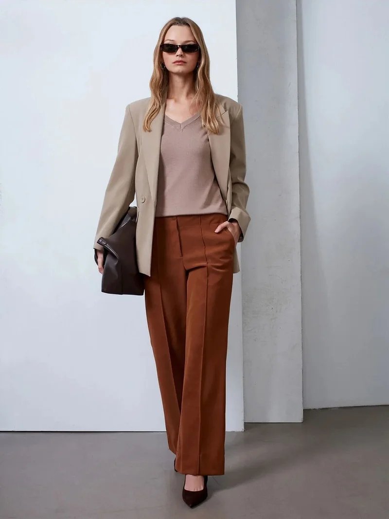ديلفين Dilvin Women's High-Waist Wide-Leg Faux Leather Trousers