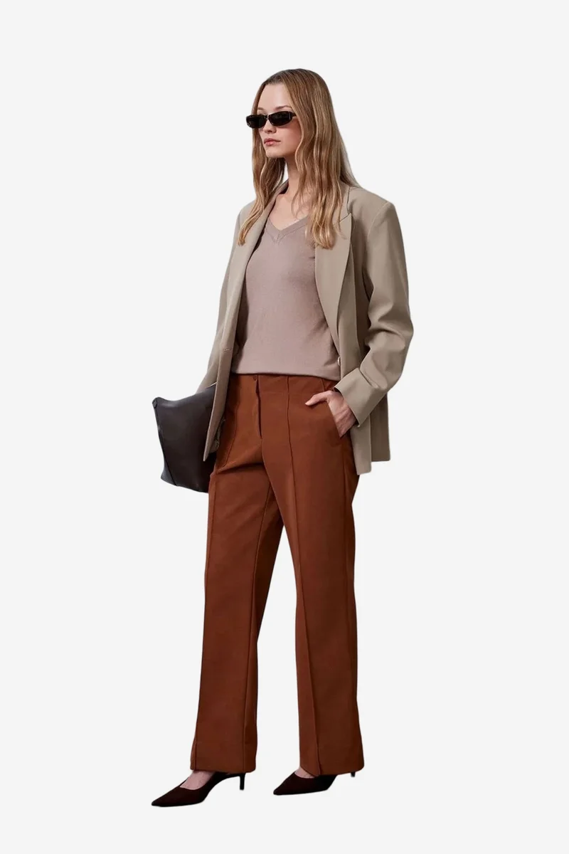 Dilvin Walnut Brown DILVIN Women's High-Waist Wide-Leg Faux Leather Trousers for Women | Best Price UAE