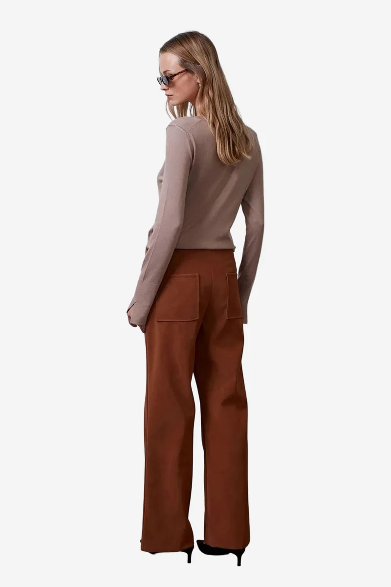 Dilvin Walnut Brown DILVIN Women's High-Waist Wide-Leg Faux Leather Trousers for Women | Best Price UAE