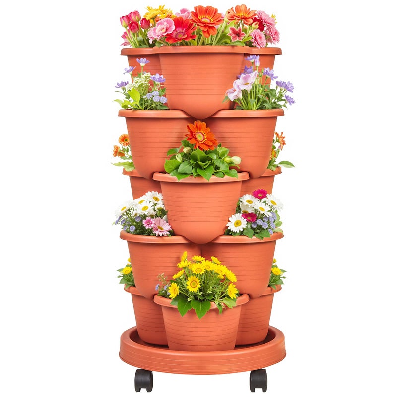 VECELO 5 Tier Vertical Garden Planter, Self Watering Stackable Planters with Wheels for Strawberries, Herbs, Flowers, Vegetables, Red - Image 1