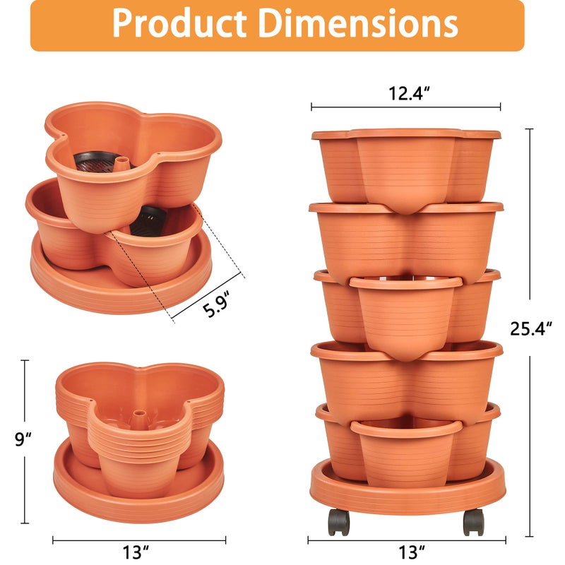 VECELO 5 Tier Vertical Garden Planter, Self Watering Stackable Planters with Wheels for Strawberries, Herbs, Flowers, Vegetables, Red - Image 2