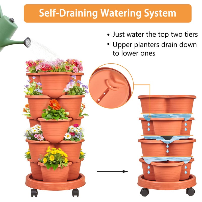 VECELO 5 Tier Vertical Garden Planter, Self Watering Stackable Planters with Wheels for Strawberries, Herbs, Flowers, Vegetables, Red - Image 3