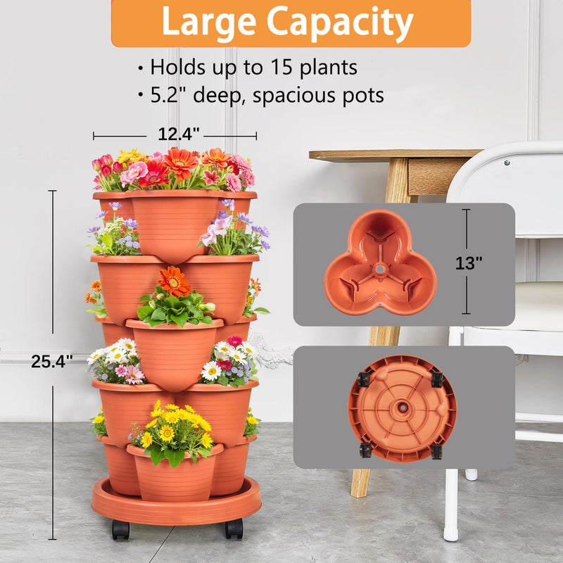 VECELO 5 Tier Vertical Garden Planter, Self Watering Stackable Planters with Wheels for Strawberries, Herbs, Flowers, Vegetables, Red - Image 5
