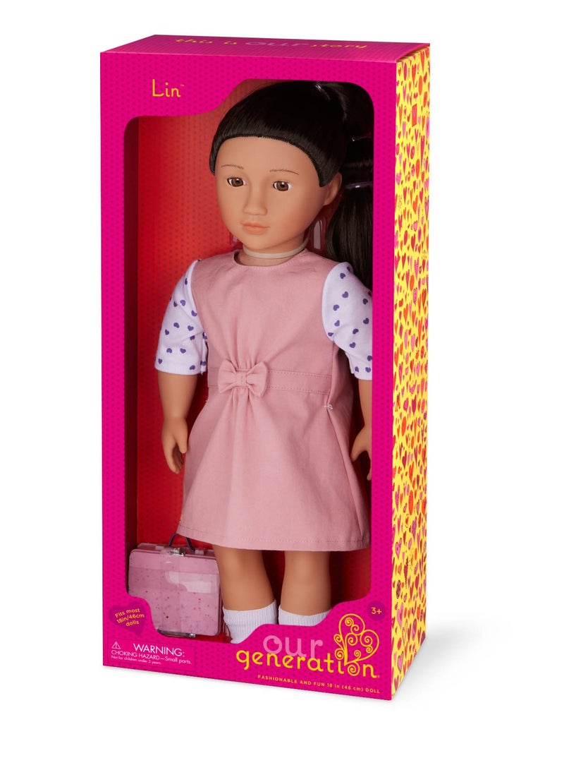Lin 18-Inch Fashion Doll with School Lunch Box  – Delightful Dress-Up and Imaginative Play | Soft Body with Movable Limbs, Fabric Clothing | Age  3 Years and Up