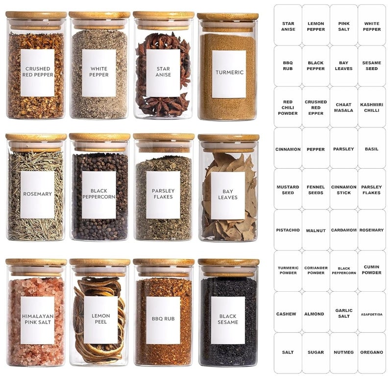 TIENER 270 ML Glass Storage Containers with spice lable, Lids, 270 ML round, SET OF 12 Glass Jars with Lids, Clear Food Jar, Square Canister, Pantry Organizers and Storage (12 PCS ROUND BAMBOO 270ML) - Image 1