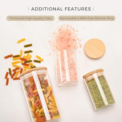 TIENER 270 ML Glass Storage Containers with spice lable, Lids, 270 ML round, SET OF 12 Glass Jars with Lids, Clear Food Jar, Square Canister, Pantry Organizers and Storage (12 PCS ROUND BAMBOO 270ML) - Image 5