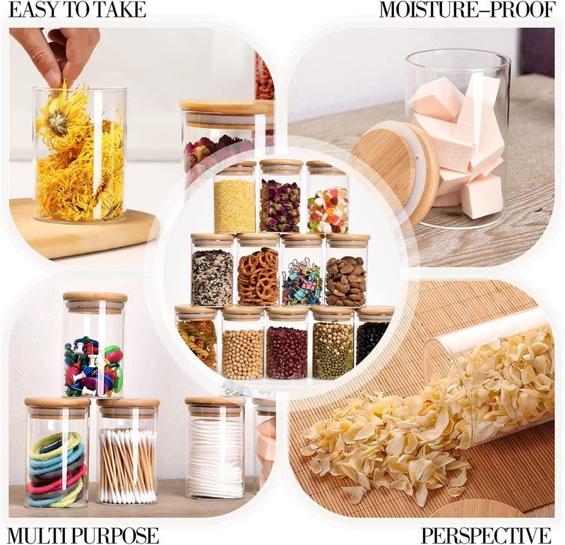 TIENER 270 ML Glass Storage Containers with spice lable, Lids, 270 ML round, SET OF 12 Glass Jars with Lids, Clear Food Jar, Square Canister, Pantry Organizers and Storage (12 PCS ROUND BAMBOO 270ML) - Image 4