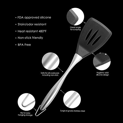 we3 Kitchen Spatula Set Multipurpose Solid Set of 2 and Slotted Spatulas - Nylon Utensils with Nonstick, 304(18/10) Stainless Steel Handle(Pack of : 1 Slotted + 1 Spatula) (Black Slotted+Spatula) - Image 2