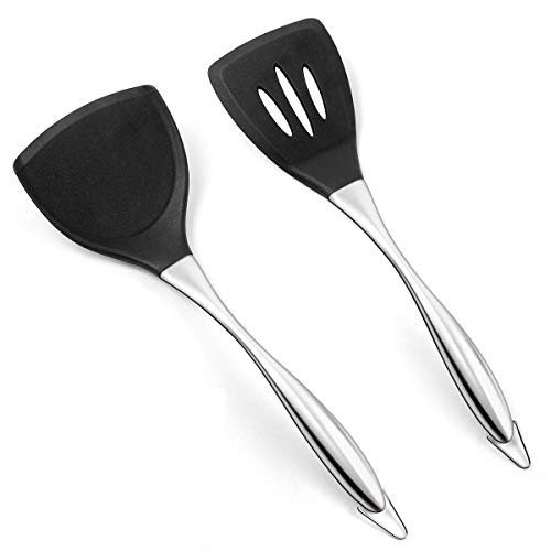 we3 Kitchen Spatula Set Multipurpose Solid Set of 2 and Slotted Spatulas - Nylon Utensils with Nonstick, 304(18/10) Stainless Steel Handle(Pack of : 1 Slotted + 1 Spatula) (Black Slotted+Spatula) - Image 1