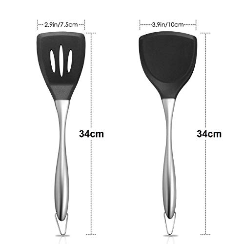 we3 Kitchen Spatula Set Multipurpose Solid Set of 2 and Slotted Spatulas - Nylon Utensils with Nonstick, 304(18/10) Stainless Steel Handle(Pack of : 1 Slotted + 1 Spatula) (Black Slotted+Spatula) - Image 4