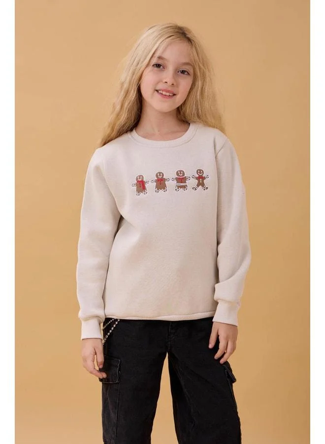 Perendi Girl's Bike Collar Cookie-Embroidered Sweatshirt – Stone