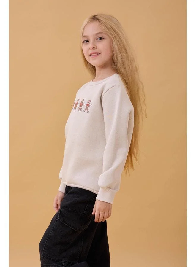Perendi Girl's Bike Collar Cookie-Embroidered Sweatshirt – Stone