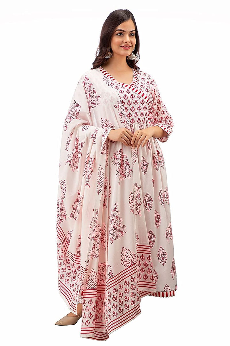 Meera Fab طقم كورتا مطبوع من القطن للنساء MEERA مع بالازو ودوباتا (صغير، أحمر) - Image 3