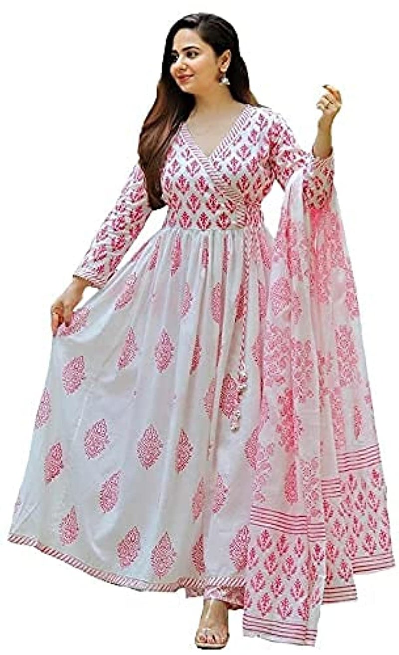 Meera Fab طقم كورتا مطبوع من القطن للنساء MEERA مع بالازو ودوباتا (صغير، أحمر) - Image 1