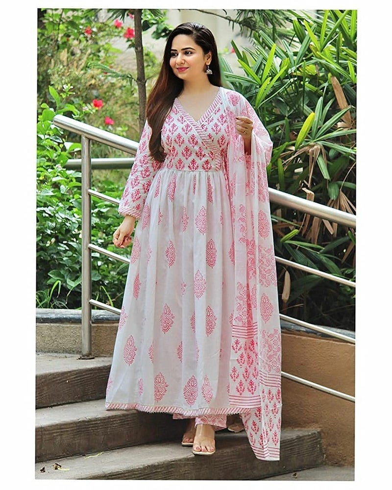 Meera Fab طقم كورتا مطبوع من القطن للنساء MEERA مع بالازو ودوباتا (صغير، أحمر) - Image 2
