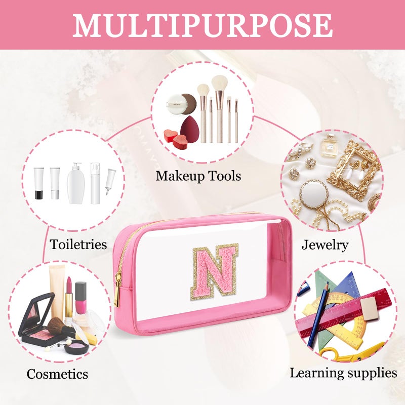 Iqimott Small Clear Personalized Initial Makeup Bag Nylon Preppy A-Z Chenille Letter Patch Cosmetic Pouch Beach Toiletry Bag Waterproof Zipper Travel Purse Storage Bag Organizer For Women Girls(Pink-Pink N) - Image 4