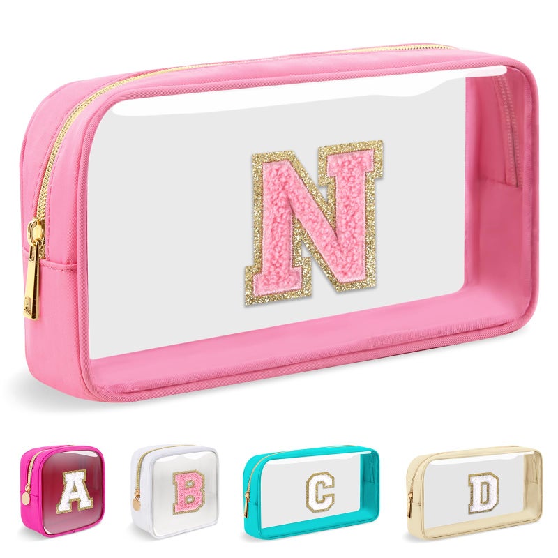 Iqimott Small Clear Personalized Initial Makeup Bag Nylon Preppy A-Z Chenille Letter Patch Cosmetic Pouch Beach Toiletry Bag Waterproof Zipper Travel Purse Storage Bag Organizer For Women Girls(Pink-Pink N) - Image 1