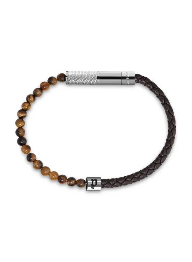 POLICE Twine Mens Gold & Black Bead And Brown Leather Bracelet