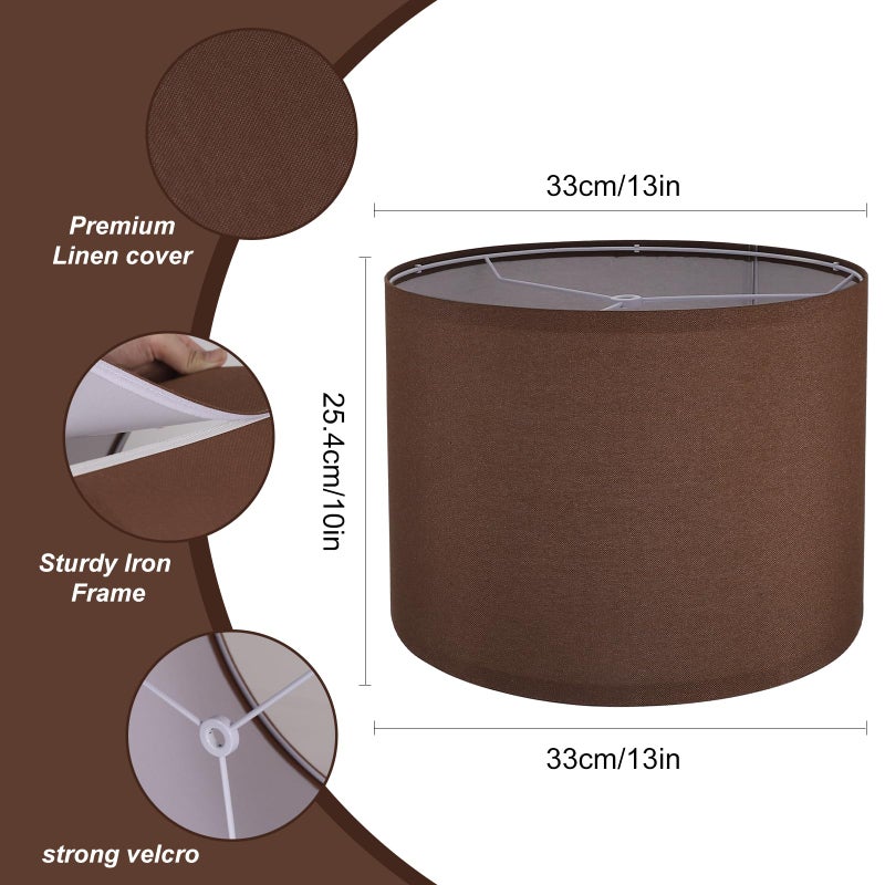 Koorle Lamp Shades Set of 2, Drum Lampshade for Table Lamps Floor Lamp, 13" Top X 13" Bottom X 10" High Brown Large-Medium Line Fabric Lamp Shades, Easy Assembly Replacement Lampshades - Image 2