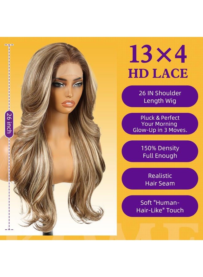 KOME Ash Blonde Highlight Synthetic Lace Front Wig,13x4 HD Lace Layered Wave Glueless Wigs for Women Daily Use 26IN - Image 4