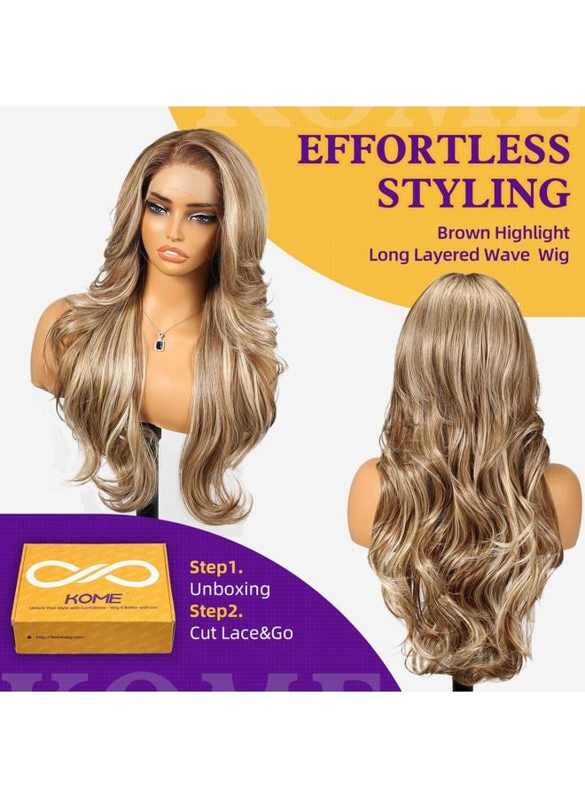 KOME Ash Blonde Highlight Synthetic Lace Front Wig,13x4 HD Lace Layered Wave Glueless Wigs for Women Daily Use 26IN - Image 3