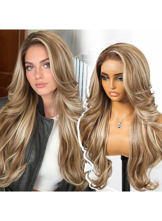 KOME Ash Blonde Highlight Synthetic Lace Front Wig,13x4 HD Lace Layered Wave Glueless Wigs for Women Daily Use 26IN - Image 1
