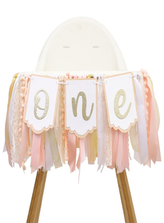 YOUAME Blush Peach One Year High Chair Banner - Peachy 1st Birthday Party Decorations, Girls’ First Pink Party Banner, Baby Girl Birthday Highchair Banner, First Cake Smash Photo Prop - Image 1