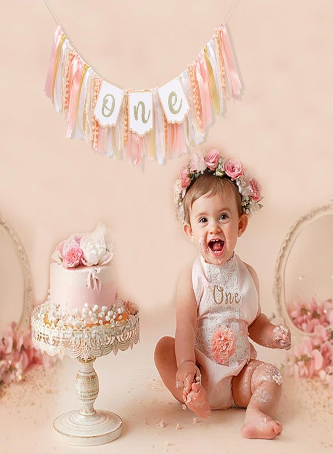 YOUAME Blush Peach One Year High Chair Banner - Peachy 1st Birthday Party Decorations, Girls’ First Pink Party Banner, Baby Girl Birthday Highchair Banner, First Cake Smash Photo Prop - Image 4
