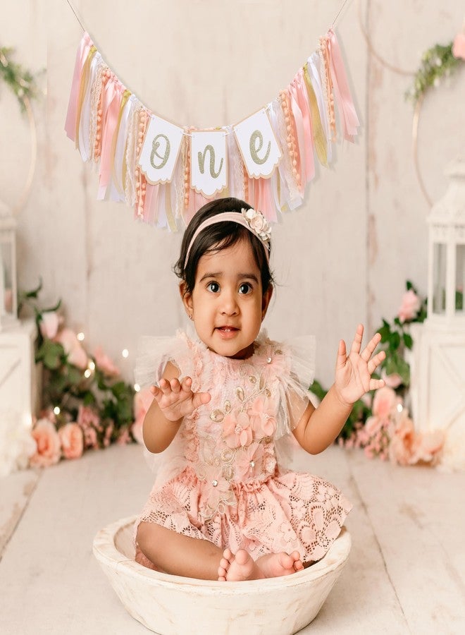 YOUAME Blush Peach One Year High Chair Banner - Peachy 1st Birthday Party Decorations, Girls’ First Pink Party Banner, Baby Girl Birthday Highchair Banner, First Cake Smash Photo Prop - Image 3