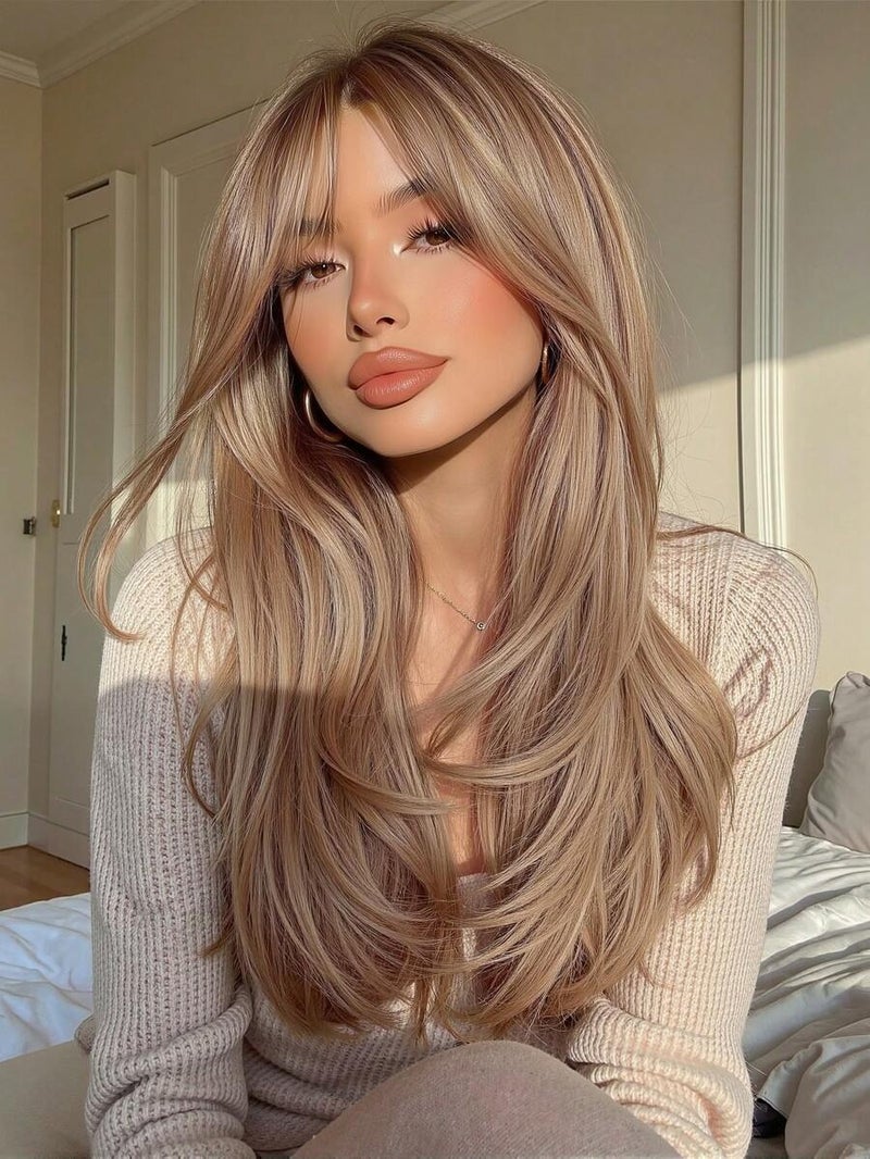 Mixed Brown & Gold Bangs Natural Layered Long Straight Wig, Brown Highlighted Heatproof Synthetic Fiber Wig for Daily, Party, Cosplay - 24  Inch
