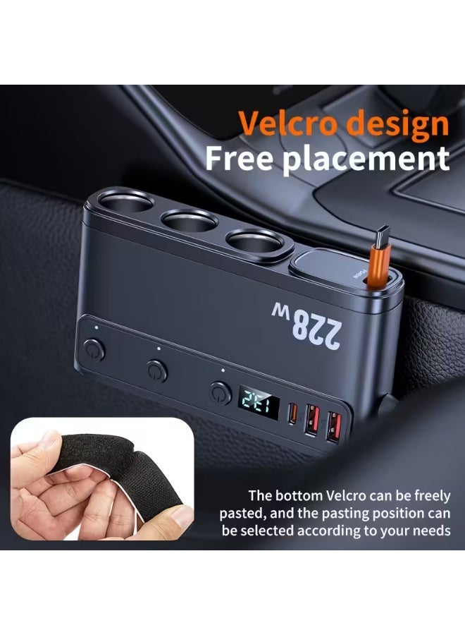 Multi Port Car Charger Adapter 228W 9-in-1 Fast Charging Car Charger, USB C PD u0026 QC3.0 Fast Car Charger Adapter, 3 Socket Cigarette Lighter Splitter, LED Voltage Display Car Charger, Built-in Type-C Cable, 12V/24V Car Power Adapter for SUV Truck RV, Multi Device Charger - Image 4