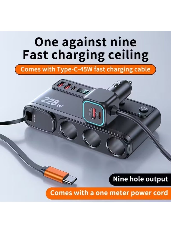 Multi Port Car Charger Adapter 228W 9-in-1 Fast Charging Car Charger, USB C PD u0026 QC3.0 Fast Car Charger Adapter, 3 Socket Cigarette Lighter Splitter, LED Voltage Display Car Charger, Built-in Type-C Cable, 12V/24V Car Power Adapter for SUV Truck RV, Multi Device Charger - Image 5