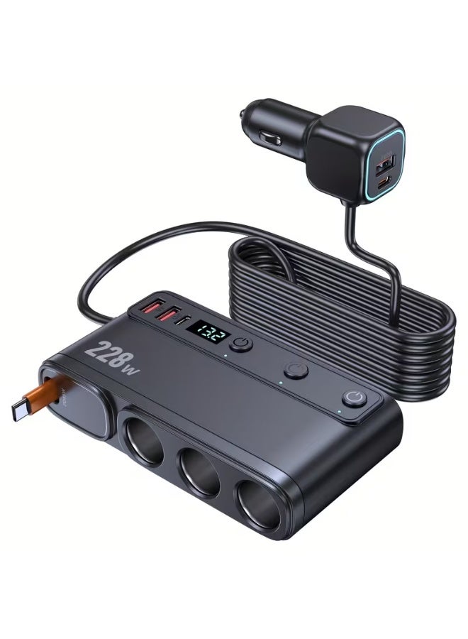 Multi Port Car Charger Adapter 228W 9-in-1 Fast Charging Car Charger, USB C PD u0026 QC3.0 Fast Car Charger Adapter, 3 Socket Cigarette Lighter Splitter, LED Voltage Display Car Charger, Built-in Type-C Cable, 12V/24V Car Power Adapter for SUV Truck RV, Multi Device Charger - Image 1