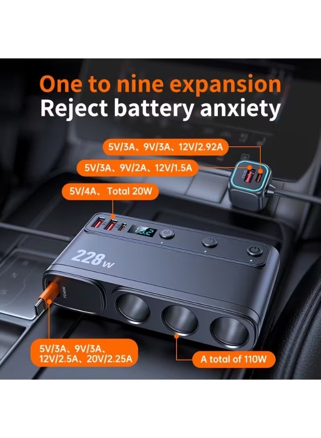 Multi Port Car Charger Adapter 228W 9-in-1 Fast Charging Car Charger, USB C PD u0026 QC3.0 Fast Car Charger Adapter, 3 Socket Cigarette Lighter Splitter, LED Voltage Display Car Charger, Built-in Type-C Cable, 12V/24V Car Power Adapter for SUV Truck RV, Multi Device Charger - Image 3