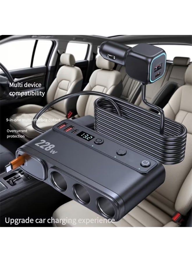 Multi Port Car Charger Adapter 228W 9-in-1 Fast Charging Car Charger, USB C PD u0026 QC3.0 Fast Car Charger Adapter, 3 Socket Cigarette Lighter Splitter, LED Voltage Display Car Charger, Built-in Type-C Cable, 12V/24V Car Power Adapter for SUV Truck RV, Multi Device Charger - Image 2
