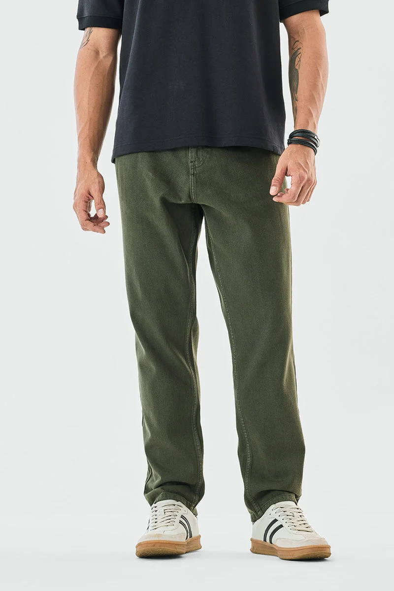 سنيتش Olive Solid Loose Fit Streetwear Jeans