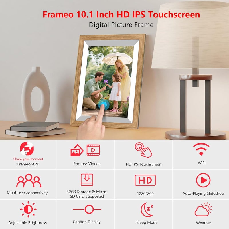 إطار الصور الرقمي بسعة 32 جيجابايت وشاشة 10.1 بوصة IPS LCD تعمل باللمس بدقة 1280x800، إطار صور ذكي مع واي فاي، دوران تلقائي بين الوضع الرأسي والأفقي، شارك اللحظات فورًا عبر تطبيق Frameo من أي مكان - خشبي - Image 2