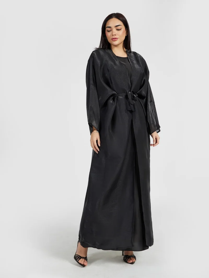 Reem Abayas Shimmering Black Organza Layered Abaya with Tie Waist