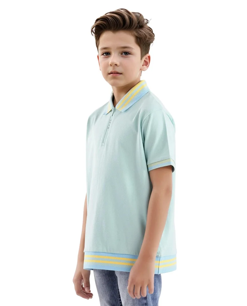 Rare Ones Rare Ones Kids Zyto Pastel Green Cotton Half Sleeves Contrasting Regular Collar Zipper Closure Solid Polo