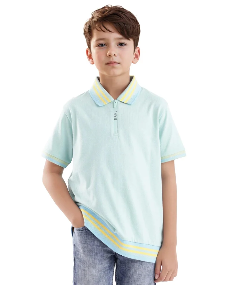 Rare Ones Rare Ones Kids Zyto Pastel Green Cotton Half Sleeves Contrasting Regular Collar Zipper Closure Solid Polo