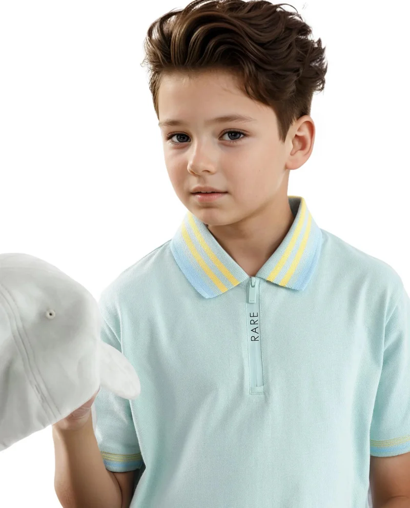 Rare Ones Rare Ones Kids Zyto Pastel Green Cotton Half Sleeves Contrasting Regular Collar Zipper Closure Solid Polo