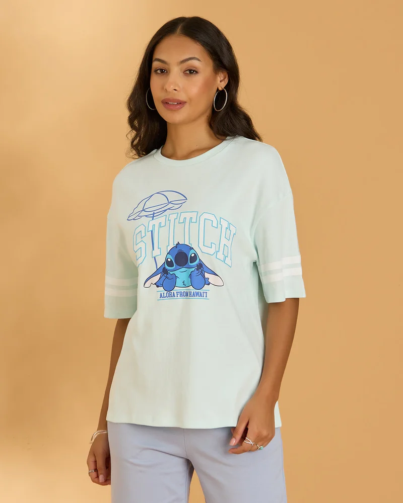 Redtag Women Mint Stitch Graphic Oversized T-shirt