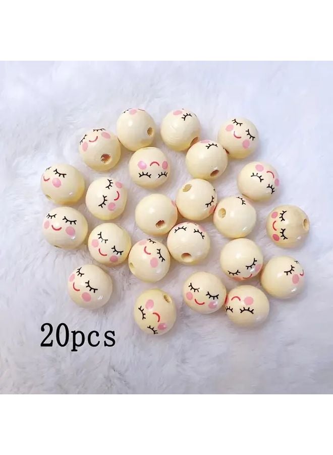 20 قطعة من الخرز الخشبي الوجه المبتسم 20 ملم لصنع الأساور والقلائد DIY - Image 1