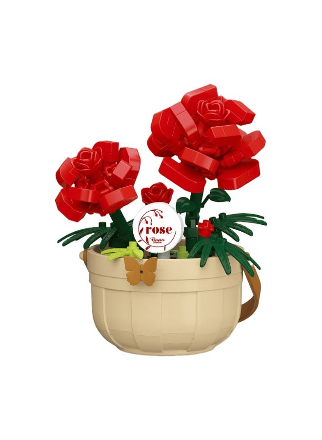 ACYYH Rose Building Blocks Set, Educational Toy with Decorative Flower Pot, Red Roses with Green Leaves, 8.7cm Height Creative Construction Kit 220PCS - Image 1