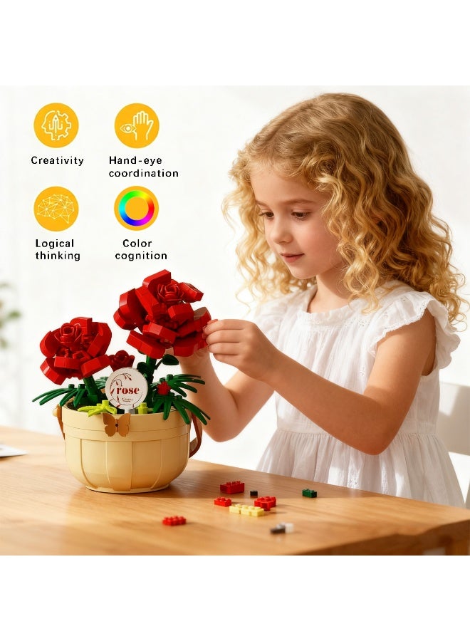 ACYYH Rose Building Blocks Set, Educational Toy with Decorative Flower Pot, Red Roses with Green Leaves, 8.7cm Height Creative Construction Kit 220PCS - Image 3